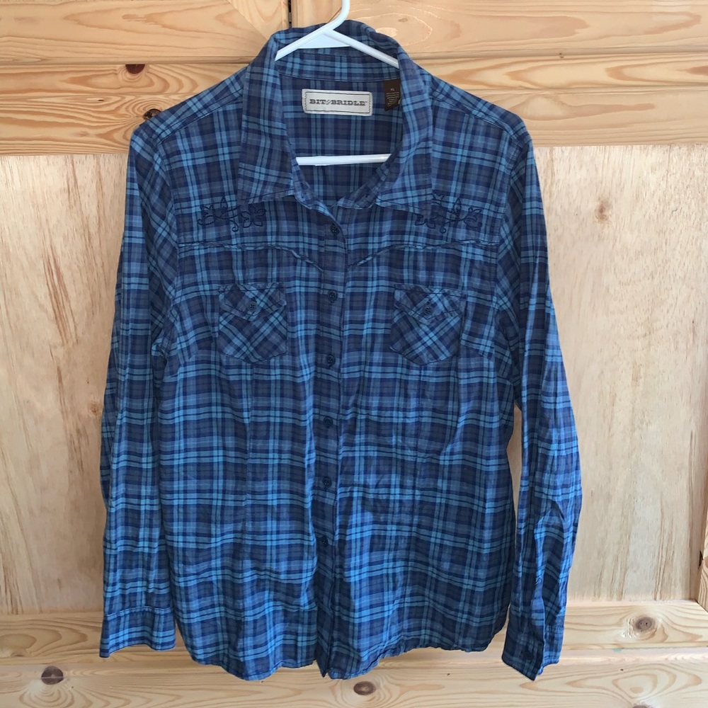 Bit & Bridle blue plaid embroidery shirt size XL
